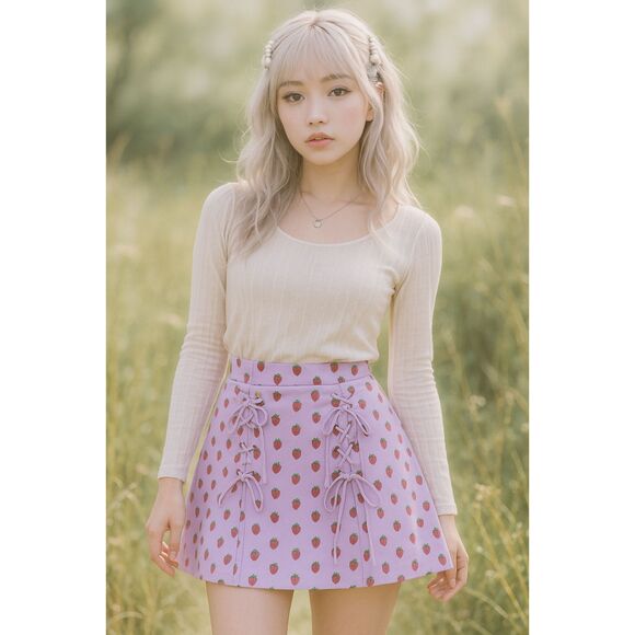 HOT TOPIC Pink Strawberry Lace Up Mini Roller Skirt    Women's Size Large - Picture 5 of 7